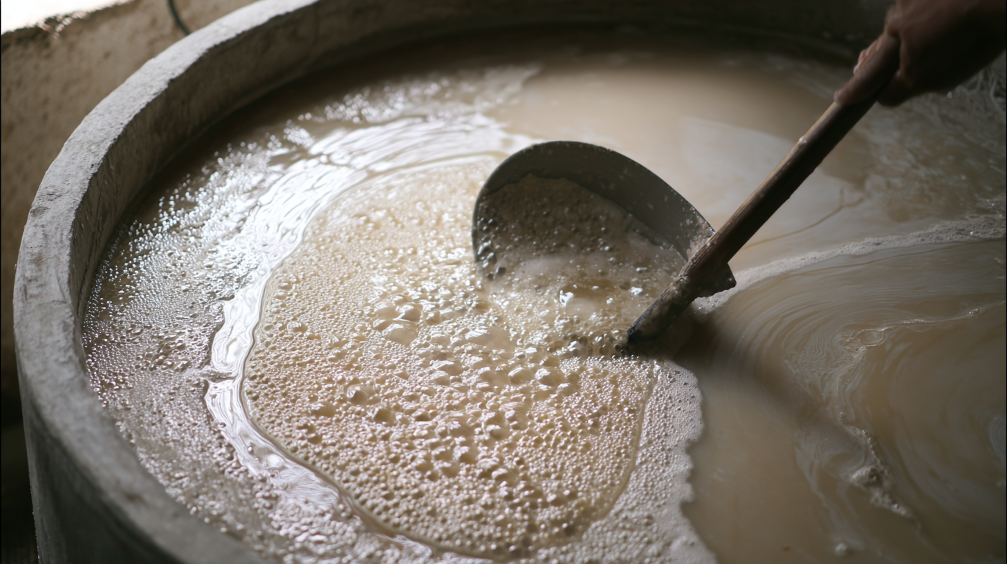 A wooden ladle scooping milky rice wine from a large fermentation vat