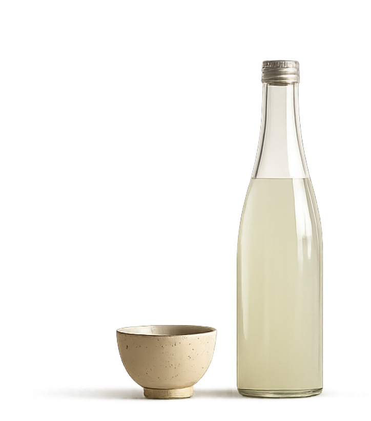 A single bottle of clear rice wine beside a ceramic cup on a white background