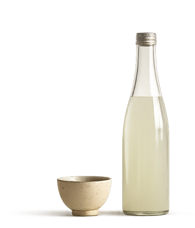 A single bottle of clear rice wine beside a ceramic cup on a white background