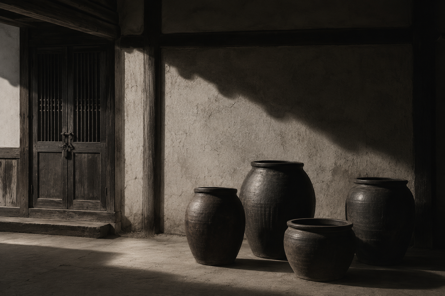 Onggi suldok jars against a hanok wall in shadow