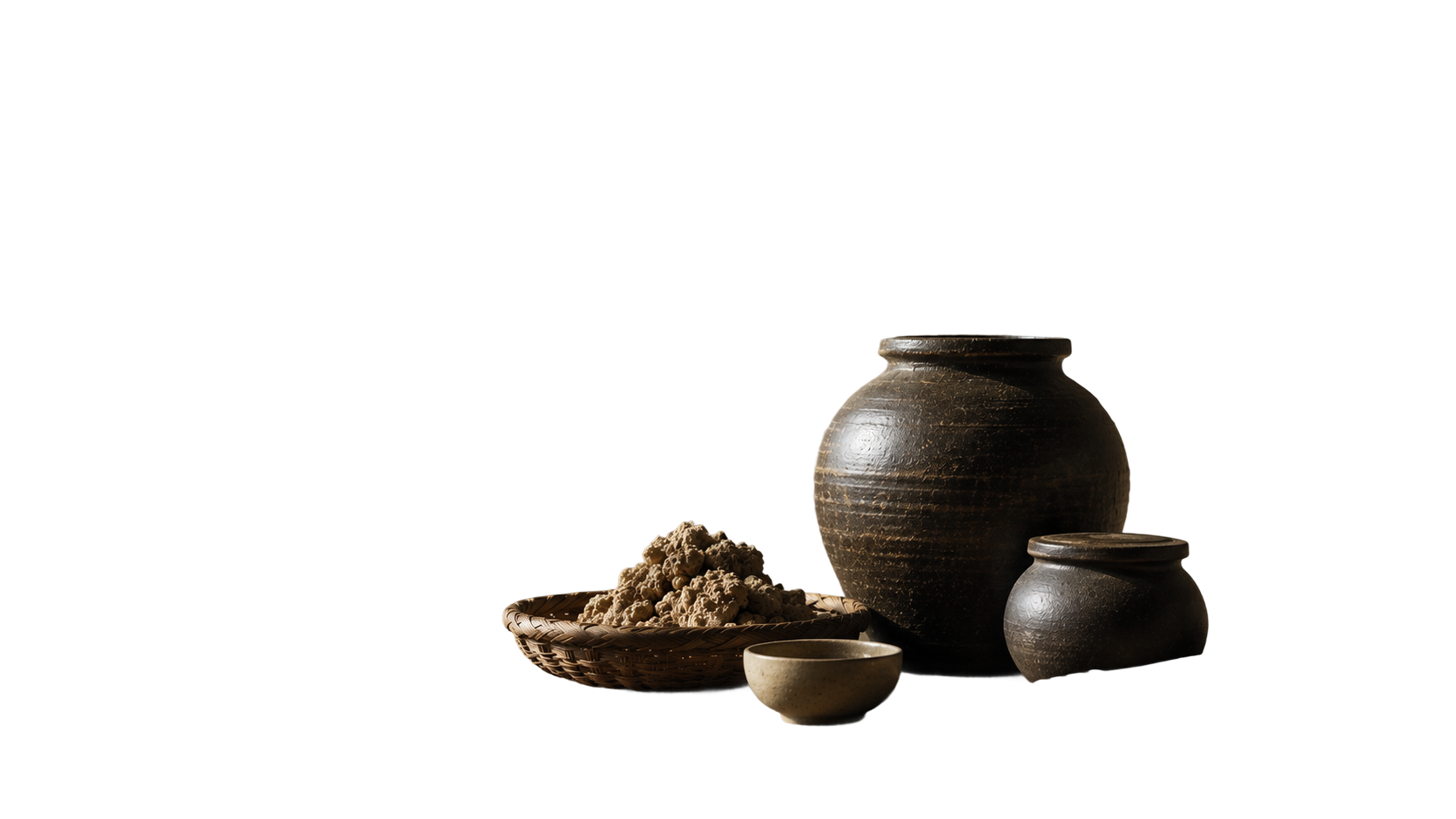Suldok jars, a nuruk basket and a cup, cut out against a transparent background